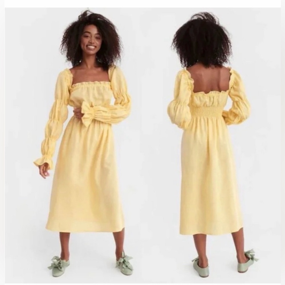 Yellow Puff-Sleeve Square-Neck Midi Dress